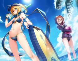  2girls armlet ball bare_shoulders beachball bikini blonde_hair bracelet choker clouds collarbone fate/grand_order fate_(series) glasses green_eyes groin heroine_x heroine_x_(alter) hood hoodie jewelry kodama_yuu multiple_girls navel palm_tree ponytail saber scarf sky sun surfboard swimsuit swimsuit_under_clothes tree visor_cap wading water water_gun yellow_eyes 