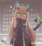  animal_ears blush brown_hair cat_ears earphones girls_frontline gloves green_eyes jakoujika knife long_coat long_hair looking_at_viewer solo tmp_(girls_frontline) translated yandere 