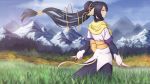  1girl animal_ears black_hair clouds cloudy_sky field from_side grass highres kuon_(utawareru_mono) long_hair miura-n315 mountain profile sky solo tail tree utawareru_mono utawareru_mono:_itsuwari_no_kamen yellow_eyes 