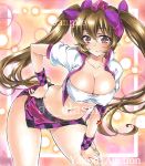  1girl artist_name at_classics bangs belt blush bow breasts brown_hair checkered checkered_skirt cleavage closed_mouth cowboy_shot erect_nipples eyebrows_visible_through_hair gluteal_fold hair_between_eyes hair_bow hand_on_hip hand_on_own_thigh hat himekaidou_hatate large_breasts leaning_forward long_hair looking_at_viewer midriff navel purple_bow racequeen sample short_sleeves skirt smile solo stomach tokin_hat touhou traditional_media twintails very_long_hair violet_eyes watermark wristband 