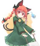  1girl animal_ears bangs bell black_bow blush bow braid cat_ears cat_tail closed_mouth cowboy_shot dress eyebrows_visible_through_hair green_dress hair_bow highres hitodama juliet_sleeves kaenbyou_rin kibisake long_sleeves looking_at_viewer multicolored multicolored_background multiple_views puffy_sleeves red_eyes redhead solo tail touhou twin_braids two-tone_background 