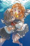  2girls ahoge air_bubble bangs barefoot blue_eyes bubble cosmic_(crownclowncosmic) grey_hair highres hug looking_at_viewer love_live! love_live!_sunshine!! multiple_girls open_mouth orange_hair red_eyes school_uniform serafuku takami_chika underwater watanabe_you yuri 