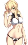  1girl ahoge arm_at_side bangs bare_arms bare_legs bare_shoulders bikini blonde_hair breasts cleavage closed_mouth collarbone cowboy_shot eyebrows_visible_through_hair fate/grand_order fate/stay_night fate_(series) gluteal_fold green_eyes groin hair_between_eyes hair_tousle hand_up head_tilt long_hair looking_at_viewer low_ponytail medium_breasts midriff navel saber shiseki_hirame sidelocks simple_background smile solo sports_bikini standing stomach swimsuit thigh_gap white_background white_bikini 