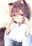  1girl adjusting_glasses animal_ears artist_name bangs black_hakama blush breasts brown_hair chita_(ketchup) eyebrows_visible_through_hair glasses green_eyes hakama highres hikimayu japanese_clothes kimono large_breasts looking_at_viewer miko open_mouth original raccoon_ears raccoon_tail semi-rimless_glasses short_hair signature solo tail triangle twitter_username upper_body white_background wide_sleeves 