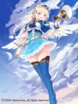  1girl bag bangs belt blonde_hair blue_eyes blue_legwear blue_sky breasts cait capelet clouds commentary_request copyright_name elbow_gloves eyebrows_visible_through_hair feathers frilled_skirt frills gloves gluteal_fold gluteal_gold gyakushuu_no_fantasica hat headset holding long_hair looking_at_viewer medium_breasts megaphone official_art open_mouth original outdoors pleated_skirt skirt sky solo thigh-highs thigh_gap white_gloves wings zettai_ryouiki 