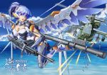  1girl ah-64_apache aircraft assault_rifle bazooka blue_hair breasts clouds day firing gun headgear helicopter highres large_breasts mecha_musume mechanical_wings ocean original red_eyes rifle shell_casing skin_tight visor weapon wind_turbine windmill wings yin_gren 