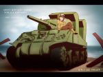  1girl akiyama_yukari beach english girls_und_panzer ground_vehicle hariyaa jacket m4_sherman military military_vehicle motor_vehicle pants short_hair smile tank tank_helmet 