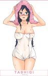  1girl :d absurdres bare_arms bare_shoulders blue_eyes blue_hair blush breasts breasts_apart character_name collarbone copyright_name cowboy_shot dkflkkldf erect_nipples eyelashes fingernails glasses hands_on_own_head hands_up highres long_fingernails long_hair medium_breasts naked_towel one_piece open_mouth red-framed_eyewear semi-rimless_glasses simple_background smile solo standing tashigi tongue towel towel_on_head under-rim_glasses upper_teeth wet white_background white_towel 