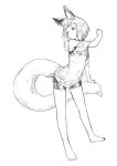  1girl :o animal_ears bangs bare_legs barefoot blunt_bangs commentary_request fox_ears fox_girl fox_tail full_body greyscale holding_tail jaco leaning_forward looking_back monochrome off_shoulder original shirt short_hair shorts sidelocks sketch solo standing tail thick_eyebrows white_background 