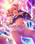  10s 1girl artist_request bracelet confetti heart_tattoo idolmaster idolmaster_cinderella_girls jewelry jougasaki_mika microphone midriff official_art one_eye_closed pink_hair shirt short_shorts shorts sleeveless sleeveless_shirt smile stomach_tattoo tattoo twintails yellow_eyes 