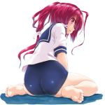  1girl ahoge ass back barefoot dd_(ijigendd) feet from_behind hair_ribbon highres i-168_(kantai_collection) kantai_collection long_hair looking_at_viewer looking_back one-piece_swimsuit open_mouth pink_hair ponytail redhead ribbon school_swimsuit school_uniform serafuku sitting soles solo swimsuit swimsuit_under_clothes toes wariza 