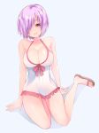  1girl alternate_costume amakusa_itsuki bikini blush breasts cleavage collarbone eyebrows_visible_through_hair fate/grand_order fate_(series) front-tie_top hair_over_one_eye large_breasts lavender_hair looking_at_viewer navel parted_lips pink_bikini shielder_(fate/grand_order) short_hair side-tie_bikini simple_background sitting solo strap_pull swimsuit towel violet_eyes wariza white_background 