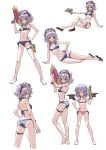  2girls :&gt; arm_support ass bare_legs bikini black_eyes black_wings blue_bikini blue_hair blush bow braid breasts cleavage contrapposto fkey flat_chest from_behind full_body gluteal_fold goggles goggles_on_head hair_bow hand_on_hip highres izayoi_sakuya leaning_back lying multiple_girls multiple_views nail_polish navel on_side pink_bikini red_eyes remilia_scarlet sandals short_hair side-tie_bikini silver_hair simple_background small_breasts standing swimsuit thigh_gap thigh_strap touhou trigger_discipline twin_braids water_gun white_background wings 