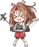  &gt;_&lt; 1girl :d arrow bow_(weapon) brown_hair chibi commentary_request hachimaki headband holding kantai_collection long_hair looking_at_viewer machinery muneate nichika_(nitikapo) open_mouth ponytail simple_background smile solo weapon white_background xd zuihou_(kantai_collection) 