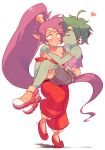  2girls absurdres ahoge carrying dark_skin embarrassed full_body green_hair green_skin heart highres kiss long_hair midriff monster_girl multiple_girls navel pointy_ears ponytail princess_carry purple_hair revision rottytops sally_(luna-arts) shantae_(character) shantae_(series) shantae_and_the_pirate&#039;s_curse shorts stitches very_long_hair yuri zombie 