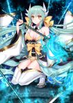  1girl aqua_hair bangs bare_shoulders bikini bikini_under_clothes blush bow breasts cleavage dragon_horns fate/grand_order fate_(series) full_body hair_bow hair_ornament horns japanese_clothes kimono kiyohime_(fate/grand_order) long_hair long_sleeves looking_at_viewer low_twintails medium_breasts obi off_shoulder parted_lips sash smile solo squatting swimsuit tabo thigh-highs twintails very_long_hair white_legwear wide_sleeves yellow_bikini yellow_bow yellow_eyes yuzushiro 