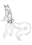  1girl ahoge animal_ears ass back bare_legs barefoot commentary_request fox_ears fox_girl fox_tail from_behind full_body greyscale jaco leaning_forward looking_back monochrome off-shoulder_sweater original outstretched_arms short_hair shorts sidelocks sketch solo standing sweater tail thick_eyebrows white_background 