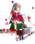  1girl bell black_legwear blue_eyes blue_ribbon blush breasts brown_hair character_name cleavage copyright_name eyebrows_visible_through_hair fal_(girls_frontline) gift girls_frontline gun hair_ribbon highres holding holding_gun holding_weapon large_breasts long_hair looking_at_viewer parted_lips ponytail ribbon santa_costume solo suisai. thigh-highs weapon 
