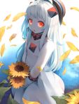  1girl dress flower highres horns kantai_collection long_hair mittens nasubi_(fian0202) northern_ocean_hime open_mouth petals rain red_eyes shinkaisei-kan sleeveless sleeveless_dress solo sunflower white_dress white_hair white_skin 