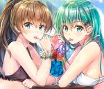  2girls :o alternate_costume aqua_eyes aqua_hair arm arm_rest bare_arms bare_shoulders beach bikini black_bikini black_swimsuit blush breast_rest breasts brown_hair cherry clenched_hand cocktail crazy_straw cup day drink drinking drinking_glass drinking_straw eyebrows_visible_through_hair fingernails flower food frilled_bikini frilled_swimsuit frills from_side fruit hair_between_eyes hair_ornament hairclip heart heart_straw hibiscus highres kantai_collection kotatsu_(kotatsu358) kumano_(kantai_collection) large_breasts lips long_hair looking_at_viewer multiple_girls mutual_yuri neck open_mouth outdoors palm_tree ponytail red_flower round_teeth shared_drink shiny shiny_hair sideboob small_breasts suzuya_(kantai_collection) swimsuit table teeth tree upper_body white_bikini white_flower white_swimsuit wrist_cuffs yuri 