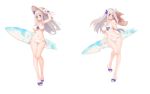  1girl barefoot_sandals blue_eyes blush breasts character_request cleavage closed_mouth eyebrows_visible_through_hair flower grey_hair hat hat_flower large_breasts long_hair looking_at_viewer navel suisai. sun_hat surfboard zhan_jian_shao_nyu 