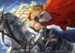  1girl armor artoria_pendragon_lancer_(fate/grand_order) blonde_hair blue_eyes blue_legwear breasts cape cleavage crown cuboon fate_(series) gauntlets horse large_breasts long_hair looking_at_viewer saber solo thigh-highs thighs twitter_username 