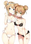  2girls bangs bare_shoulders bikini black_bikini blue_eyes bow breasts brown_hair choker cleavage closed_mouth cowboy_shot double_bun frilled_bikini frills gin00 girls_frontline green_eyes hair_bow hairband highres leaning_forward looking_at_viewer medium_breasts multiple_girls navel rfb_(girls_frontline) sidelocks simple_background smile standing stomach suomi_kp31_(girls_frontline) swimsuit v white_background white_bikini 