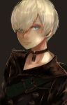  1boy black_background blue_eyes highres looking_at_viewer lumicakes nier_(series) nier_automata portrait simple_background smile solo white_hair yorha_no._9_type_s 