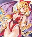  1girl artist_name at_classics bangs bat_wings blonde_hair blush bow bowtie breasts closed_mouth cowboy_shot detached_collar elis_(touhou) eyebrows_visible_through_hair fang flower groin hair_between_eyes hair_bow hair_flower hair_ornament holding holding_wand large_breasts long_hair looking_at_viewer navel pointy_ears red_bow red_bowtie red_eyes sample sidelocks smile solo star stomach touhou touhou_(pc-98) traditional_media very_long_hair wand watermark wings wrist_cuffs 