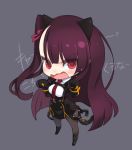  1girl animal_ears bangs black_background black_gloves black_legwear blush boots cat_ears chibi collared_shirt d:&lt; eyebrows_visible_through_hair full_body girls_frontline glaring gloves hands_up knee_boots looking_at_viewer necktie one_side_up open_mouth pantyhose paw_pose purple_hair ran_system red_eyes red_necktie shirt simple_background solo suspenders tsundere wa2000_(girls_frontline) white_shirt 
