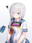  1girl blue_eyes blush commentary_request controller eyes_visible_through_hair game_controller hair_ornament hair_over_one_eye hairclip hamakaze_(kantai_collection) highres kantai_collection nintendo_switch sailor_collar short_hair silver_hair simple_background solo_focus splatoon splatoon_2 squiggle tawawa_challenge upper_body wavy_mouth white_background xenonstriker 