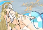  1girl bikini blonde_hair chains commentary_request fate/apocrypha fate_(series) flag headpiece highres innertube leg_garter long_hair looking_at_viewer ruler_(fate/apocrypha) smile solo swimsuit tanaka_takayuki very_long_hair yellow_eyes 
