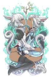  2girls animal_ears boots cat_ears cat_tail dark_skin earrings eye_contact final_fantasy final_fantasy_xiv green_eyes grey_eyes hand_holding jewelry looking_at_another miqo&#039;te multiple_girls short_hair siblings sisters tail thigh-highs thigh_boots toro_astro wand y&#039;mhitra y&#039;shtola 