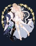  1boy 1girl barefoot black_background bridal_veil closed_eyes dress female_my_unit_(fire_emblem_if) fire_emblem fire_emblem_if greaves hetero kiss leon_(fire_emblem_if) my_unit_(fire_emblem_if) smile thigh-highs veil wedding_dress 