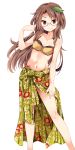  1girl bare_arms bare_legs bikini breasts brown_bikini brown_hair cleavage collarbone contrapposto floral_print futatsuiwa_mamizou glasses hair_ornament highres leaf leaf_hair_ornament leaf_on_head long_hair looking_at_viewer maturiuta_sorato navel red_eyes sarong simple_background small_breasts smile solo standing stomach swimsuit touhou white_background 