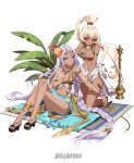  2girls armlet bangs blonde_hair blush braid breasts carpet circlet cleavage dark_skin egyptian egyptian_clothes flower full_body hair_flower hair_ornament high_heels highres kneeling lavender_hair legs_crossed long_hair looking_at_viewer lotion medium_breasts multiple_girls navel original pouring red_eyes revealing_clothes sarong single_braid sitting smile stomach tattoo very_long_hair violet_eyes zjsstc 