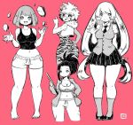  4girls :d antennae ashido_mina ass back bare_shoulders bodysuit boku_no_hero_academia breasts cleavage curvy domino_mask feet full_body greyscale hadou_nejire jacket kenron_toqueen large_breasts long_hair looking_at_viewer mask medium_breasts midriff monochrome multiple_girls navel open_mouth pink_background pleated_skirt rock school_uniform short_hair simple_background skirt smile tank_top thick_thighs thumbs_up uraraka_ochako very_long_hair waving wide_hips yaoyorozu_momo 