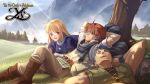  1girl adol_christin blonde_hair blue_hair brown_hair company_name copyright_name day dogi_(ys) elena_stoddart highres long_hair multiple_boys official_art outdoors redhead smile tree violet_eyes ys ys_iii_wanderers_of_ys 