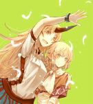  2girls atoki blonde_hair feathers green_eyes grey_background hand_on_another&#039;s_shoulder height_difference horn hoshiguma_yuugi long_hair mizuhashi_parsee multiple_girls oni open_mouth outstretched_arm pointy_ears scarf short_hair smile touhou yellow_eyes 