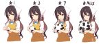  &gt;:) 1girl alternate_costume apron black_hair bow bowtie brown_eyes commentary_request food gameplay_mechanics highres kantai_collection long_hair meth_(emethmeth) multicolored_hair multiple_views naganami_(kantai_collection) onigiri pink_hair screw sleeves_rolled_up star two-tone_hair upper_body white_background 