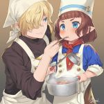  2girls apron bangs blonde_hair blue_eyes blunt_bangs blush bridgette_(granblue_fantasy) brown_hair chef_hat chef_uniform cordelia_garnet feeding food granblue_fantasy harbin hat ladle multiple_girls obui pointy_ears pot short_hair soup 