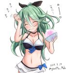  1girl bikini blush brain_freeze breasts cleavage closed_eyes collarbone commentary_request dated food giraffe_(ilconte) green_hair ice_cream kantai_collection long_hair medium_breasts navel simple_background smile solo spoon_in_mouth swimsuit twitter_username white_background yamakaze_(kantai_collection) 