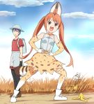 &gt;:d 1boy 1girl :d aho_girl akutsu_akuru animal_ears annoyed backpack bag banana_peel black_gloves blue_hair blue_sky bow bowtie brown_eyes bucket_hat clouds cosplay day elbow_gloves exercise gloves grass hanabatake_yoshiko hands_on_hips hat high-waist_skirt jitome kaban_(kemono_friends) kaban_(kemono_friends)_(cosplay) kemono_friends long_hair looking_at_another looking_at_viewer mushi_gyouza open_mouth outdoors print_bowtie print_gloves print_legwear print_skirt red_shirt redhead savanna_striped_giant_slug_(kemono_friends) savannah serval_(kemono_friends) serval_(kemono_friends)_(cosplay) serval_ears serval_print serval_tail shirt short_hair shorts skirt sky sleeveless sleeveless_shirt smile sweatdrop tail thigh-highs twintails white_shirt 