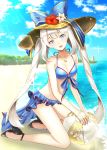  1girl absurdres ball beach beachball blue_bow blue_eyes blue_ribbon blush bow eyebrows_visible_through_hair fate/grand_order fate_(series) hat hat_bow high_heels highres holding holding_ball long_hair looking_at_viewer marie_antoinette_(fate/grand_order) ribbon seiza silver_hair sitting smile solo telaform twintails water 