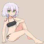  1girl absurdres assassin_of_black bare_legs bare_shoulders barefoot bikini collarbone commentary facial_scar fate/apocrypha fate_(series) green_eyes highres lavender_hair looking_at_viewer open_mouth petite scar short_hair simple_background sitting solo swimsuit yakihebi 