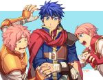 1girl 2boys angry arm_up armor bandage black_headband blue_clothes blue_eyes blue_hair brother_and_sister cape closed_mouth crossed_arms eye_contact fingerless_gloves fire_emblem fire_emblem:_souen_no_kiseki gloves hair_between_eyes headband ike knight light_blue_background looking_at_another makalov marcia matching_hair/eyes multiple_boys nervous nintendo open_mouth orange_armor pauldrons pegasus_knight pink_hair red_armor red_cape red_gloves red_tiara round_teeth sandwiched scared serious shouting siblings sweat teeth tiara upper_body white_headband 