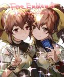  ! 2girls bow bracelet breastplate brown brown_eyes copyright_name dark_persona dyute_(fire_emblem) fang fire_emblem fire_emblem_cipher fire_emblem_echoes:_mou_hitori_no_eiyuuou jewelry mayo_(becky2006) multiple_girls official_art pink_eyes ponytail simple_background sparkle v white_background 