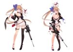  1girl ahoge animal battle_rifle black_legwear blonde_hair blue_bow blue_eyes blush bow breasts choker cleavage dress eyebrows_visible_through_hair fal_(girls_frontline) fn_fal full_body girls_frontline gun hair_bow high_heels holding holding_gun holding_weapon jacket knife kukri large_breasts long_hair long_sleeves looking_at_viewer navel off_shoulder official_art open_mouth ribbon rifle scope side_ponytail single_thighhigh solo standing suisai. thigh-highs thigh_strap torn_clothes torn_thighhighs transparent_background very_long_hair weapon 