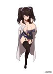  1girl arm_at_side artist_name bangs bare_shoulders black_legwear bow bowtie breasts brown_hair cleavage dress eyebrows_visible_through_hair full_body garter_straps hair_between_eyes hair_bow hand_to_own_mouth hand_up labcoat large_breasts long_hair looking_at_viewer mistrie navel navel_cutout off_shoulder open_clothes original parted_lips purple_bow red_bow red_bowtie simple_background solo standing strapless strapless_dress thigh-highs twintails violet_eyes white_background 
