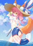  1girl absurdres animal_ears bikini blue_bikini breasts dcual ears_through_headwear fate/extra fate/grand_order fate_(series) fox_ears fox_shadow_puppet fox_tail hat highres in_water large_breasts long_hair looking_afar looking_at_viewer nail_polish nature ocean parasol pink_hair see-through solo swimsuit tail tamamo_(fate)_(all) tamamo_no_mae_(swimsuit_lancer)_(fate) umbrella wet wet_clothes yellow_eyes 